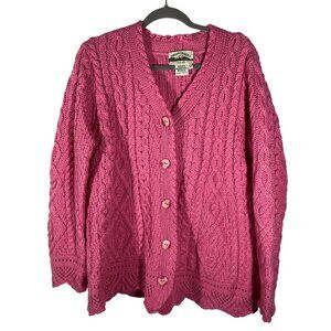Aran Crafts Pink Cable Knit Merino Wool Cardigan Sweater M colorful pink scallop